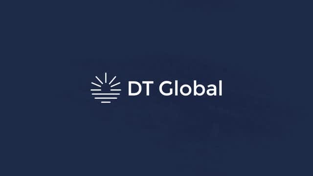 DT Global The image is a logo with the words "DT Global" in white font on a dark blue background, above which is a white graphic of a shining sun above horizontal lines, representing illumination or sunrise.