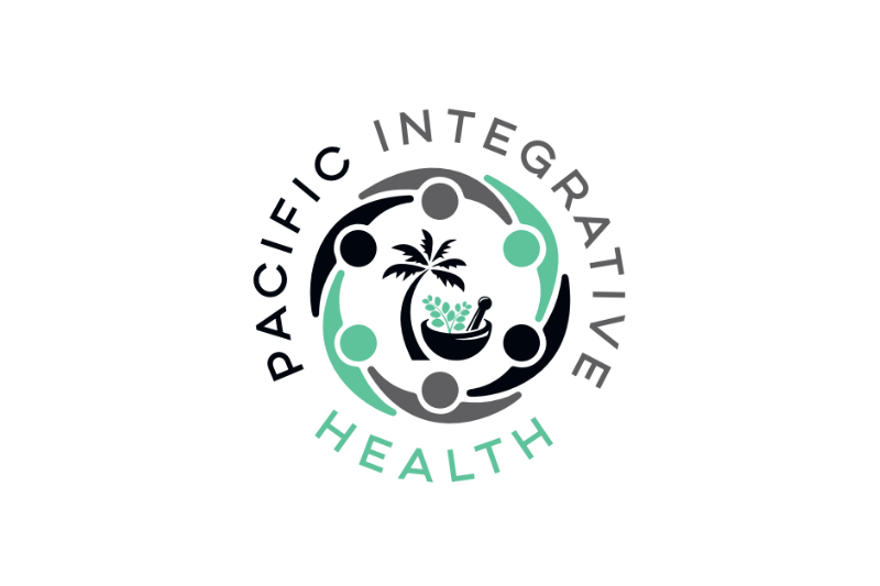 The logo for Pacific Integrative Health presents a mortar and pestle with herbs and a palm tree, encircled by the company name, indicating a focus on natural health remedies.