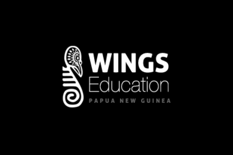The logo for WINGS Education features a tribal wing motif next to bold text, with "Papua New Guinea" underneath, symbolizing a fusion of tradition and learning.