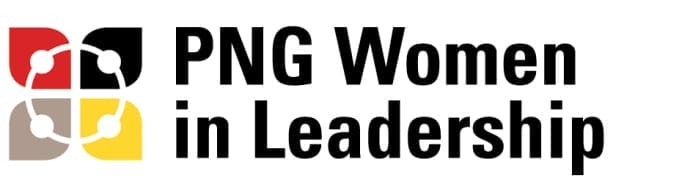 The image displays the text "PNG Women in Leadership" in black, bold font next to a four-part circular logo with puzzle pieces in red, black, and yellow, representing connection and unity.