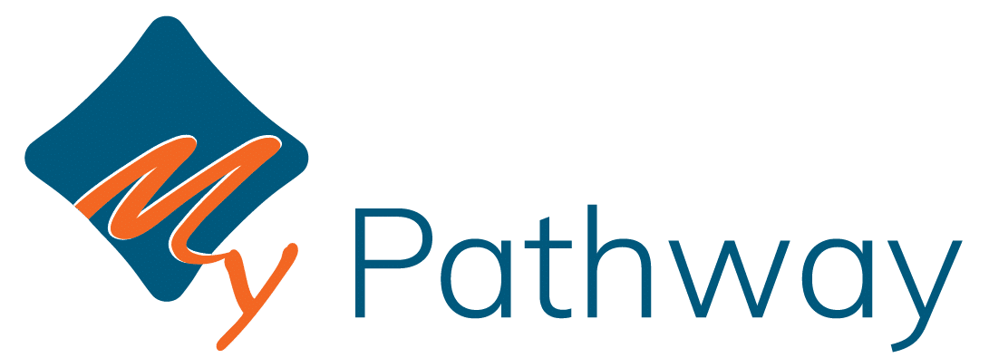 The image shows a logo consisting of the word "MyPathway" with a distinctive design. The "M" is stylized with three peaks, and the "y" is connected to the "Pathway". The word "My" is in orange, and "Pathway" is in dark green. There is also an abstract, diamond-shaped figure above the "My", combining both orange and green colors, which could represent a path or a progression. The background is plain and does not contain any additional details.