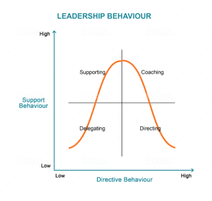 Graph illustrating the balance of directive and supportive behaviors in leadership, as part of the Xseed Lead and situational leadership models. The graph shows how varying levels of direction and support are applied across different leadership behaviors like delegating, supporting, coaching, and directing.