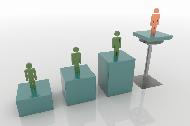 Graphic illustration of four figures on podiums with one elevated higher, symbolizing leadership development by Xseed Lead.